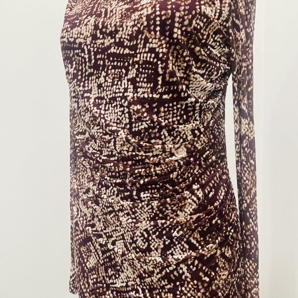 NWT DKNY Mesh Long Sleeve Ruched Sheath Dress Burgundy Cocktail Abstract Size 12 - Picture 5 of 8